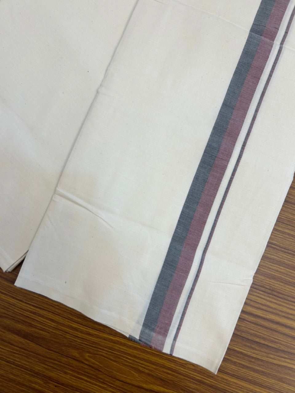 DMK Veshti - 11% Discount ! KaithariKada Balaramapuram 100% Cotton Single Off White (Unbleached) Mundu/Dhoti- Twisted 100s Thread - 1.25 inch Puliyilakkara Maroon & Black Shaded Kara (2 meter / 4 muzham) - 8 KK5257 ASH