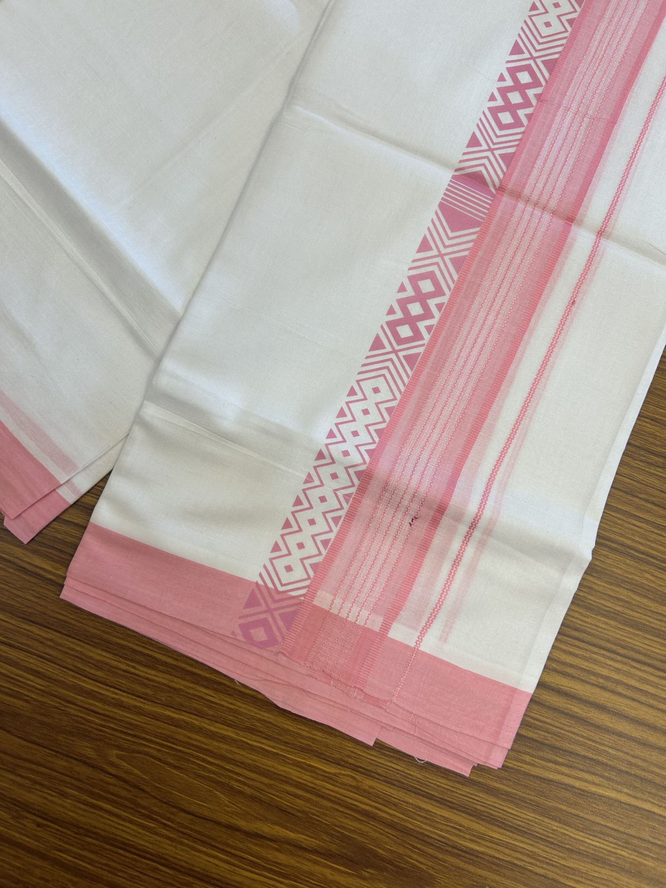20% Discount ! KaithariKada Balaramapuram Cotton Double Pure white Mundu/Dhoti- 80s - 2.5 inch Baby Pink Printed Shade Stripes Design Kara - 3.65 mtr (8 muzham) - 50 KK5329 GAN