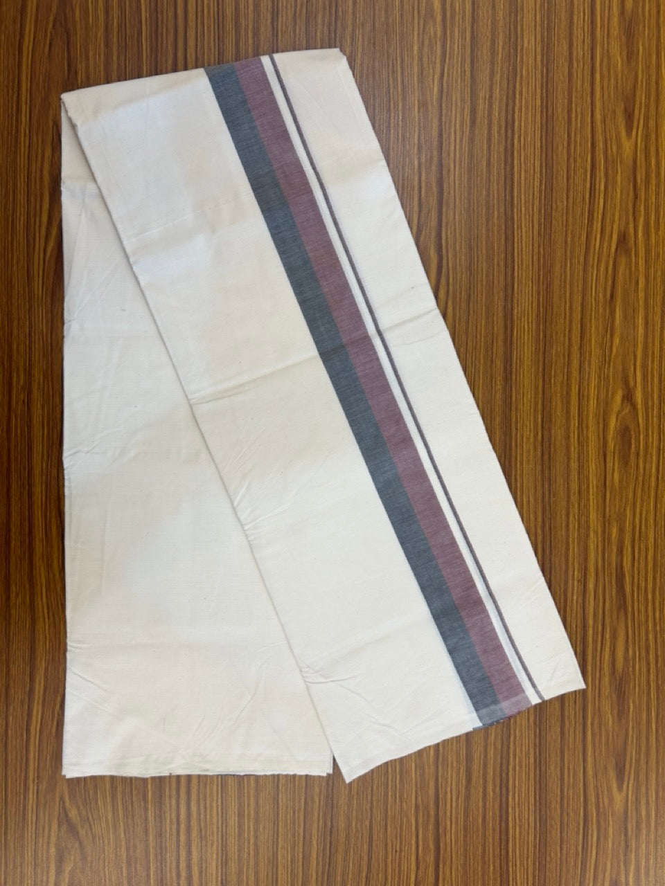 DMK Veshti - 11% Discount ! KaithariKada Balaramapuram 100% Cotton Single Off White (Unbleached) Mundu/Dhoti- Twisted 100s Thread - 2 inch Puliyilakkara Maroon & Black Shaded Kara (2 meter / 4 muzham) - 9 KK5257 ASH
