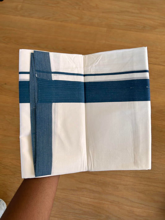 Double Pure White Mundu/Dhoti - 20% Discount!!! KaithariKada Balaramapuram 100% Cotton - 100X80 - 1.75 Inch Peacock Blue kara - 3.90 Mtr (8 Muzham) - 53 KK5432 PMC