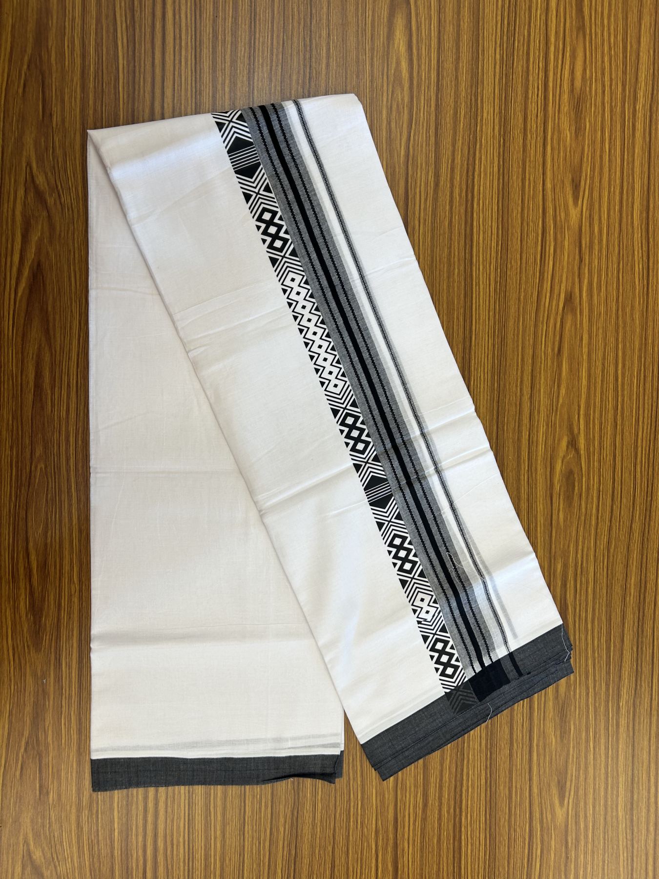 20% Discount ! KaithariKada Balaramapuram Cotton Double Pure white Mundu/Dhoti- 80s - 2.5 inch Black Printed Shade Stripes Design Kara - 3.65 mtr (8 muzham) - 49 KK5329 GAN