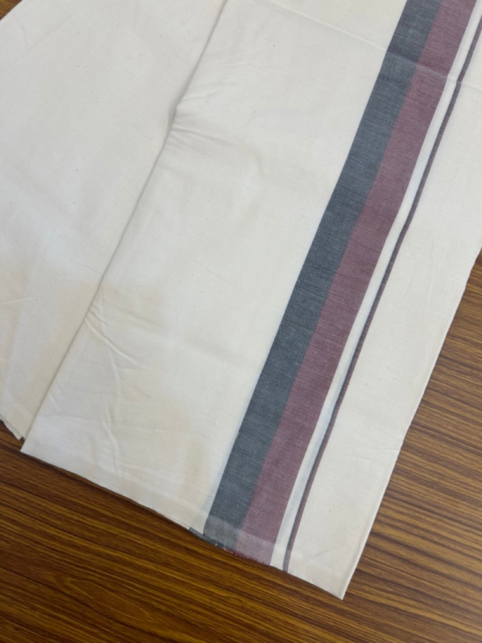 DMK Veshti - 11% Discount ! KaithariKada Balaramapuram 100% Cotton Single Off White (Unbleached) Mundu/Dhoti- Twisted 100s Thread - 2 inch Puliyilakkara Maroon & Black Shaded Kara (2 meter / 4 muzham) - 9 KK5257 ASH