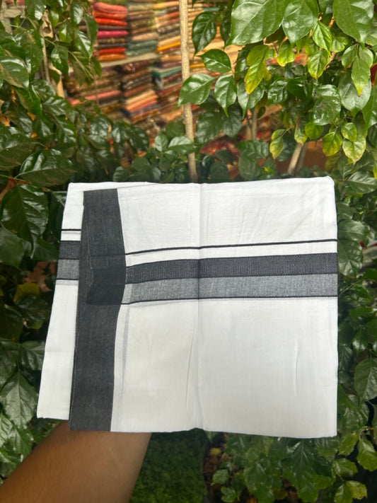 20% Discount ! Kaitharikada Balaramapuram 100% Cotton PURE WHITE Double Mundu/Dothi - 100x80 - 1.5 inch Black Shaded Design Kara 3.90 mtr (8 muzham) - 31 KK5294 THI
