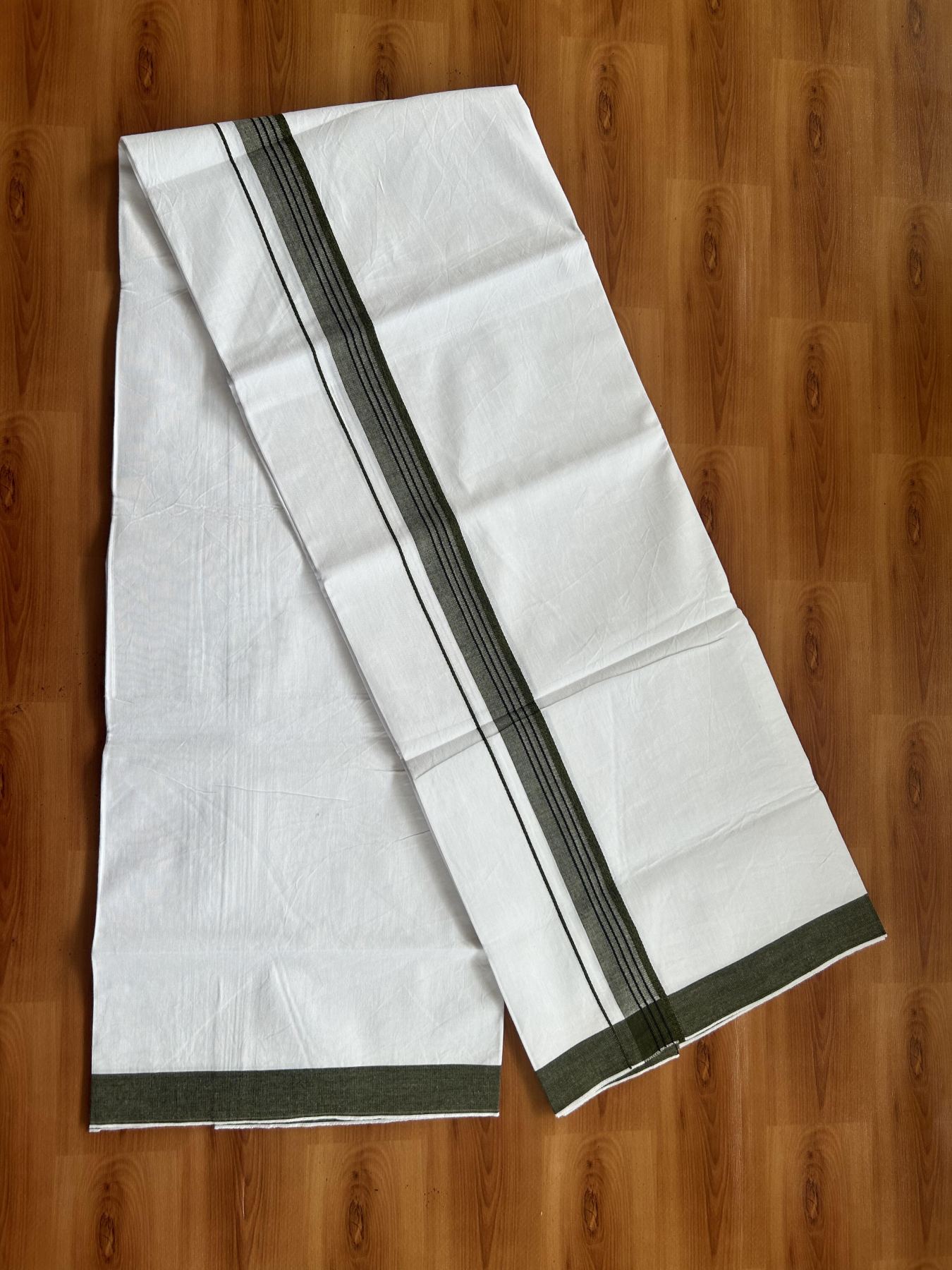 Single Mundu/Dhoti  - Pure White - 29% Discount !! KaithariKada Balaramapuram 100% Cotton - Twisted 60s Thread - 0.5 Cm  Black & Dark Olive Green Shaded Striped Kara (2 meter / 4 muzham) - 58 KK5393 GL