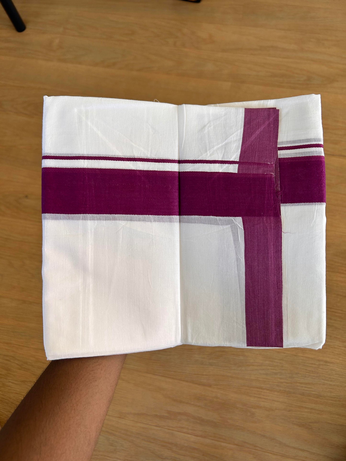 Double Pure White Mundu/Dhoti - 20% Discount!!! KaithariKada Balaramapuram 100% Cotton - 100X80 - 1.75 Inch Purple kara - 3.90 Mtr (8 Muzham) - 56 KK5432 PMC