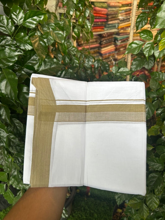 20% Discount ! Kaitharikada Balaramapuram 100% Cotton PURE WHITE Double Mundu/Dothi - 100x80 - 1.5 inch Light Olive Green Shaded Design Kara 3.90 mtr (8 muzham) - 32 KK5294 THI