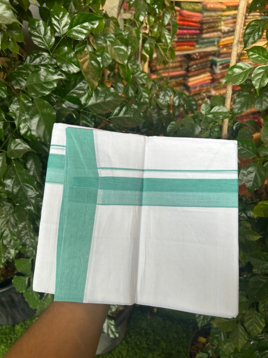 20% Discount ! Kaitharikada Balaramapuram 100% Cotton PURE WHITE Double Mundu/Dothi - 100x80 - 1.5 inch Light Teal Green Shaded Design Kara 3.90 mtr (8 muzham) - 30 KK5294 THI