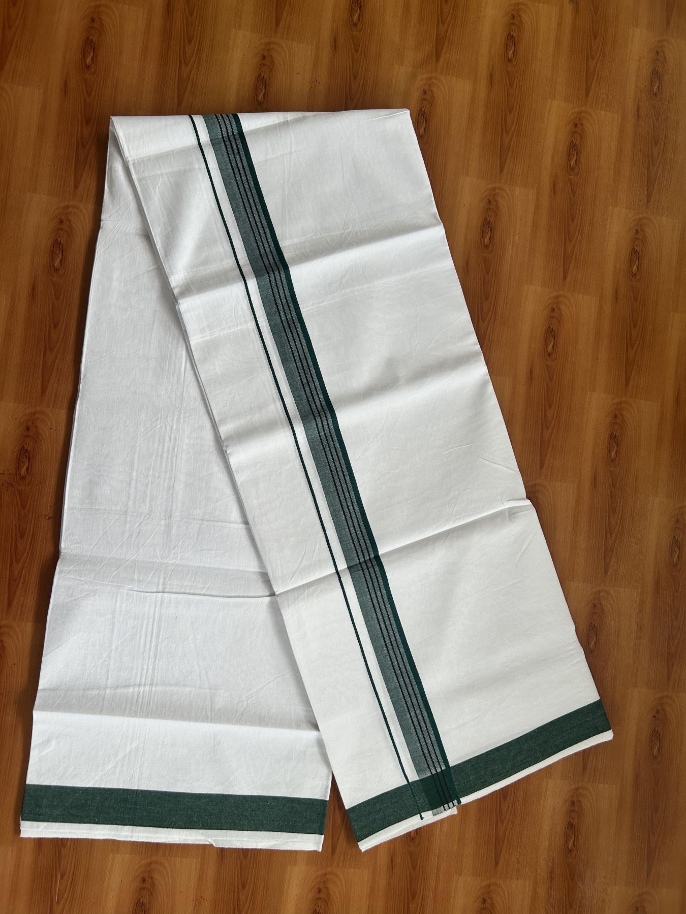Single Mundu/Dhoti  - Pure White - 29% Discount !! KaithariKada Balaramapuram 100% Cotton - Twisted 60s Thread - 0.5 Cm  Black & Green Shaded Striped Kara (2 meter / 4 muzham) - 59 KK5393 GL