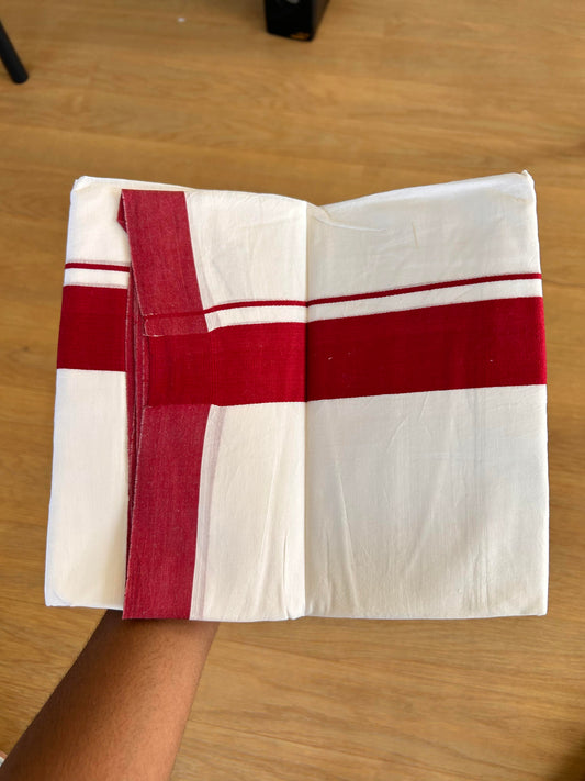 Double Pure White Mundu/Dhoti - 20% Discount!!! KaithariKada Balaramapuram 100% Cotton - 100X80 - 1.75 Inch Reddish Maroon kara - 3.90 Mtr (8 Muzham) - 60 KK5432 PMC