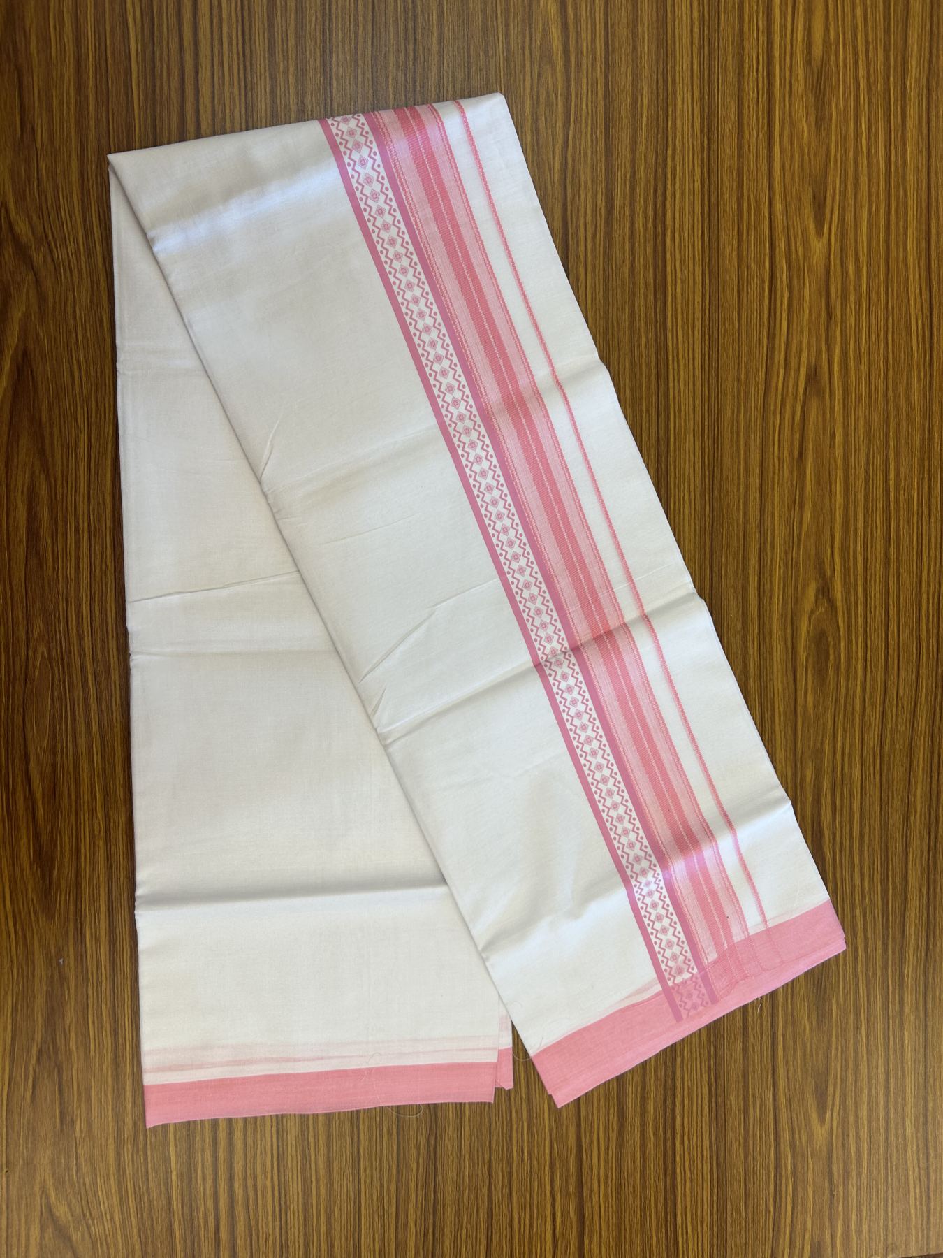 20% Discount ! KaithariKada Balaramapuram Cotton Double Pure white Mundu/Dhoti- 80s - 2.5 inch Baby Pink Printed Shade Stripes Design Kara - 3.65 mtr (8 muzham) - 27 KK5329 GAN