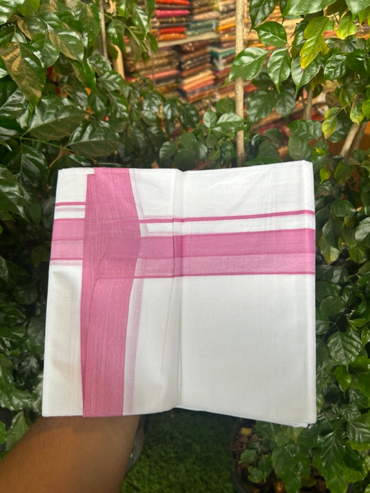 20% Discount ! Kaitharikada Balaramapuram 100% Cotton PURE WHITE Double Mundu/Dothi - 100x80 - 1.5 inch Pink Shaded Design Kara 3.90 mtr (8 muzham) - 28 KK5294 THI