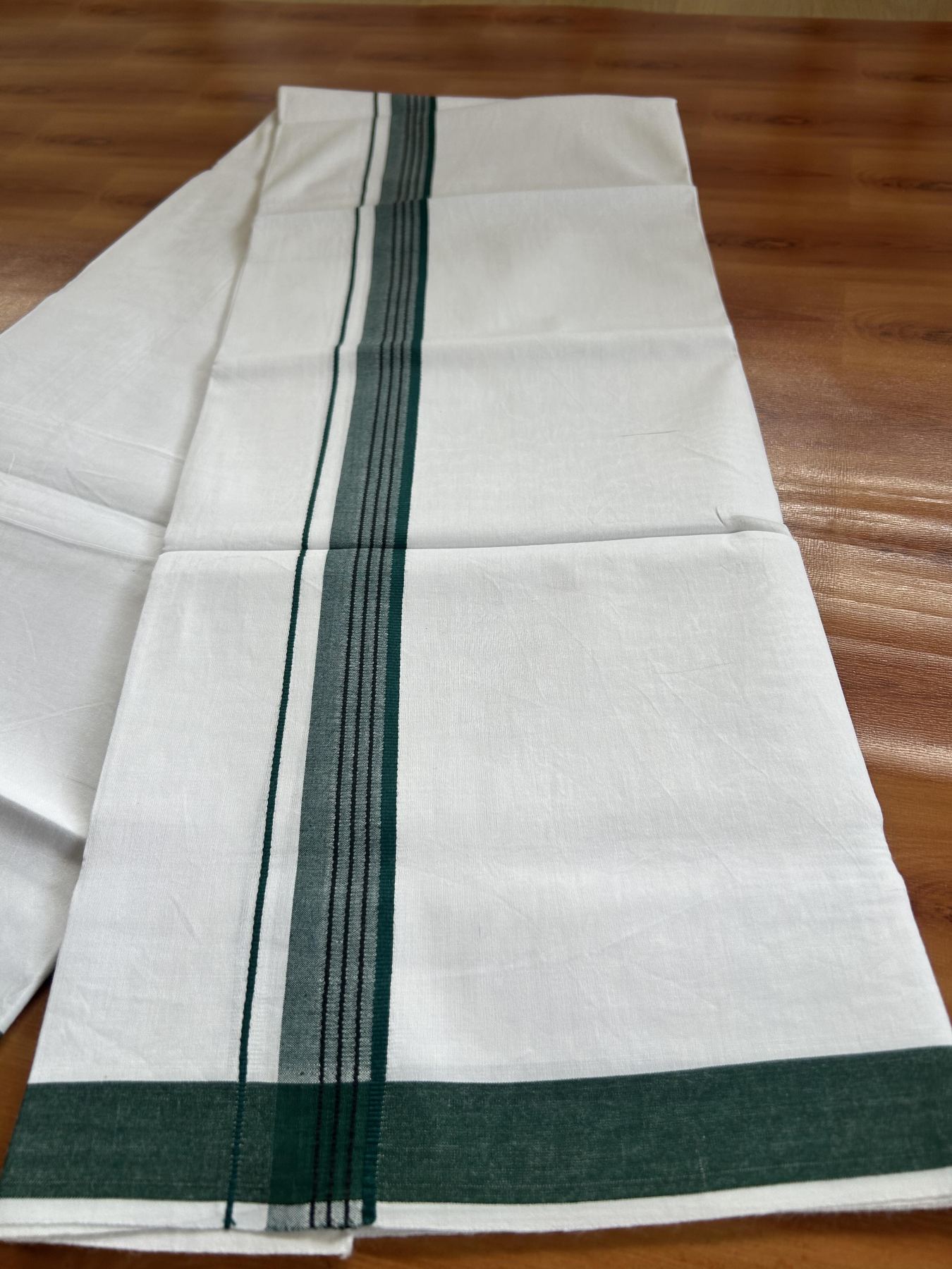 Single Mundu/Dhoti  - Pure White - 29% Discount !! KaithariKada Balaramapuram 100% Cotton - Twisted 60s Thread - 0.5 Cm  Black & Green Shaded Striped Kara (2 meter / 4 muzham) - 59 KK5393 GL