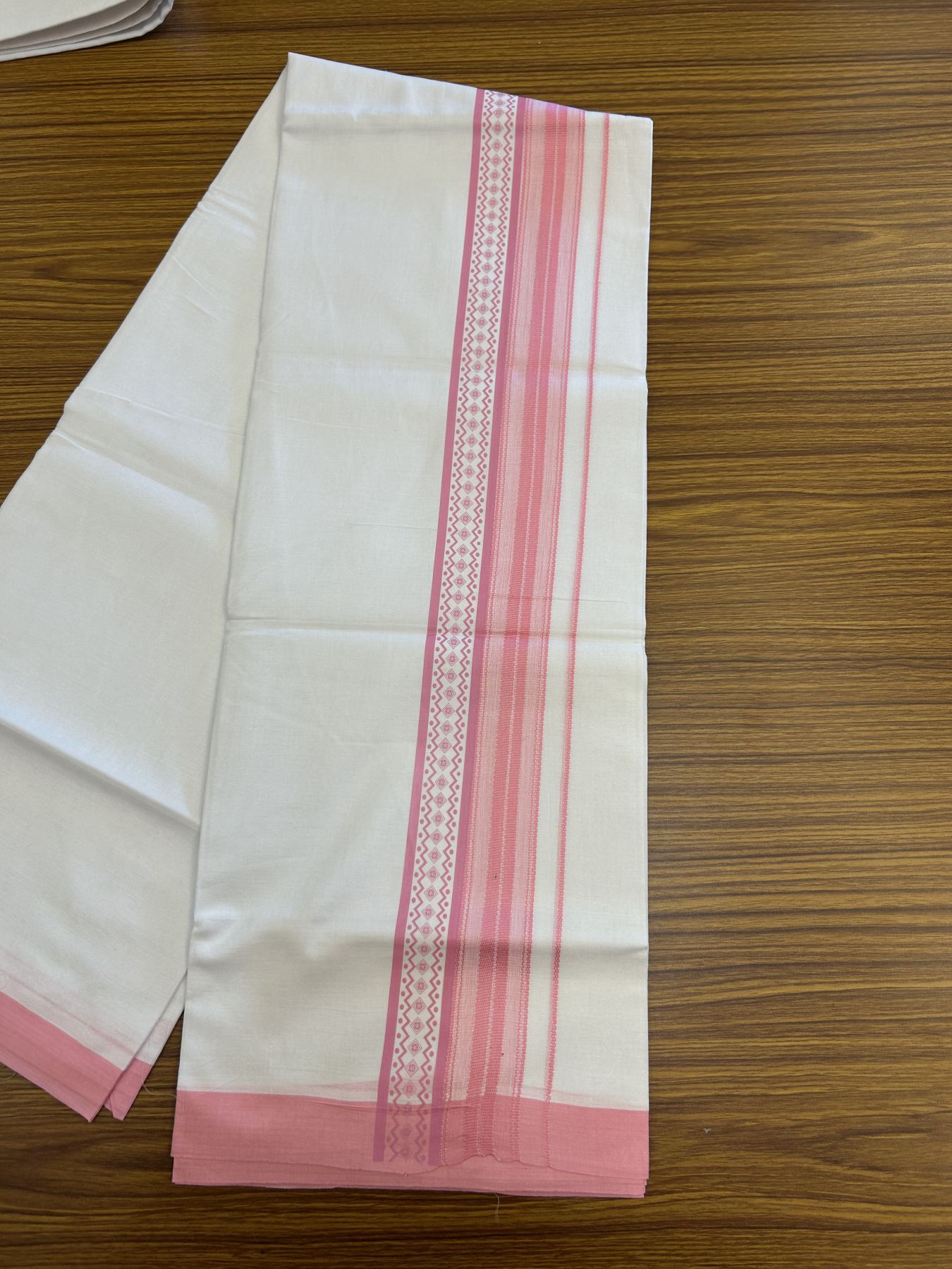 20% Discount ! KaithariKada Balaramapuram Cotton Double Pure white Mundu/Dhoti- 80s - 2.5 inch Baby Pink Printed Shade Stripes Design Kara - 3.65 mtr (8 muzham) - 27 KK5329 GAN