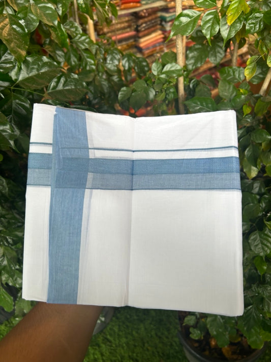 20% Discount ! Kaitharikada Balaramapuram 100% Cotton PURE WHITE Double Mundu/Dothi - 100x80 - 1.5 inch Ash Blue Shaded Design Kara 3.90 mtr (8 muzham) - 26 KK5294 THI