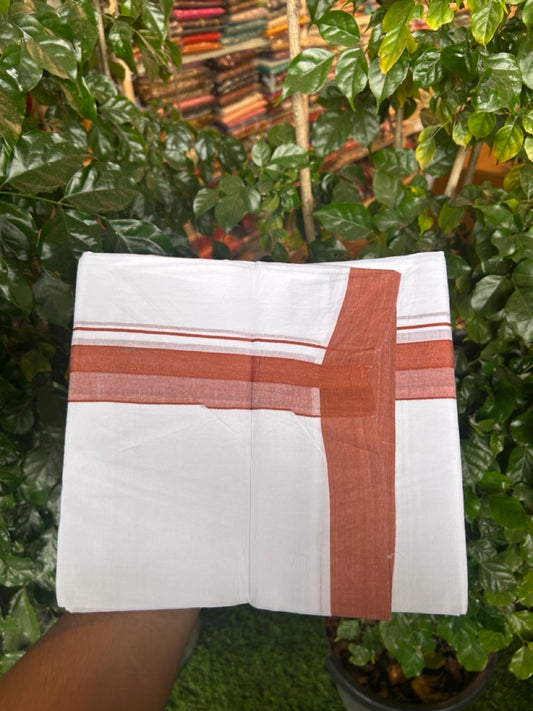 20% Discount ! Kaitharikada Balaramapuram 100% Cotton PURE WHITE Double Mundu/Dothi - 100x80 - 1.5 inch Dark Brick Red Shaded Design Kara 3.90 mtr (8 muzham) - 27 KK5294 THI