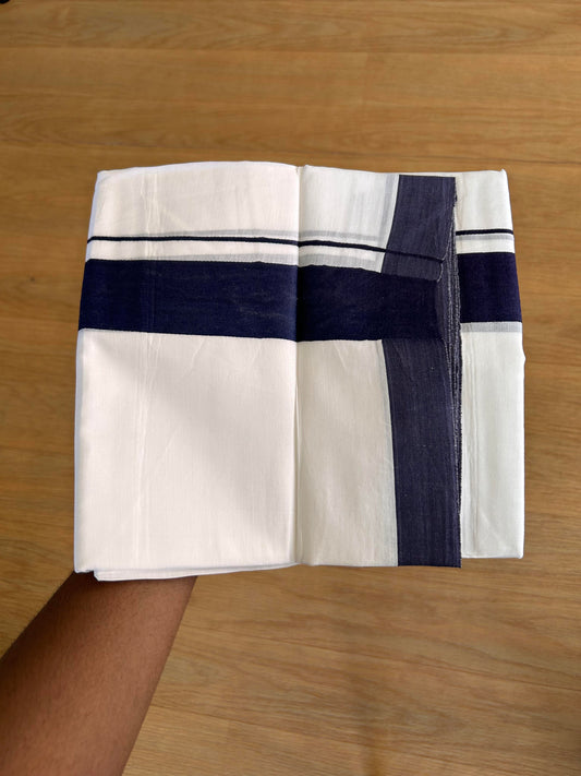 Double Pure White Mundu/Dhoti - 20% Discount!!! KaithariKada Balaramapuram 100% Cotton - 100X80 - 1.75 Inch Navy Blue kara - 3.90 Mtr (8 Muzham) - 55 KK5432 PMC