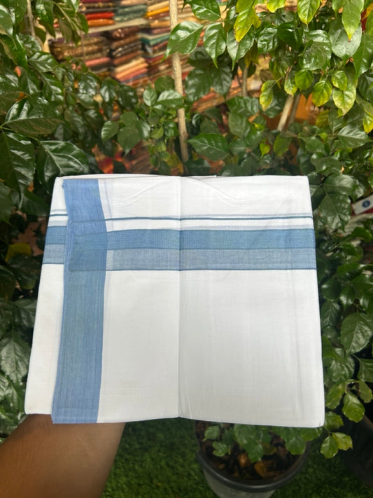20% Discount ! Kaitharikada Balaramapuram 100% Cotton PURE WHITE Double Mundu/Dothi - 100x80 - 1.5 inch Dark Ash Blue Shaded Design Kara 3.90 mtr (8 muzham) - 29 KK5294 THI