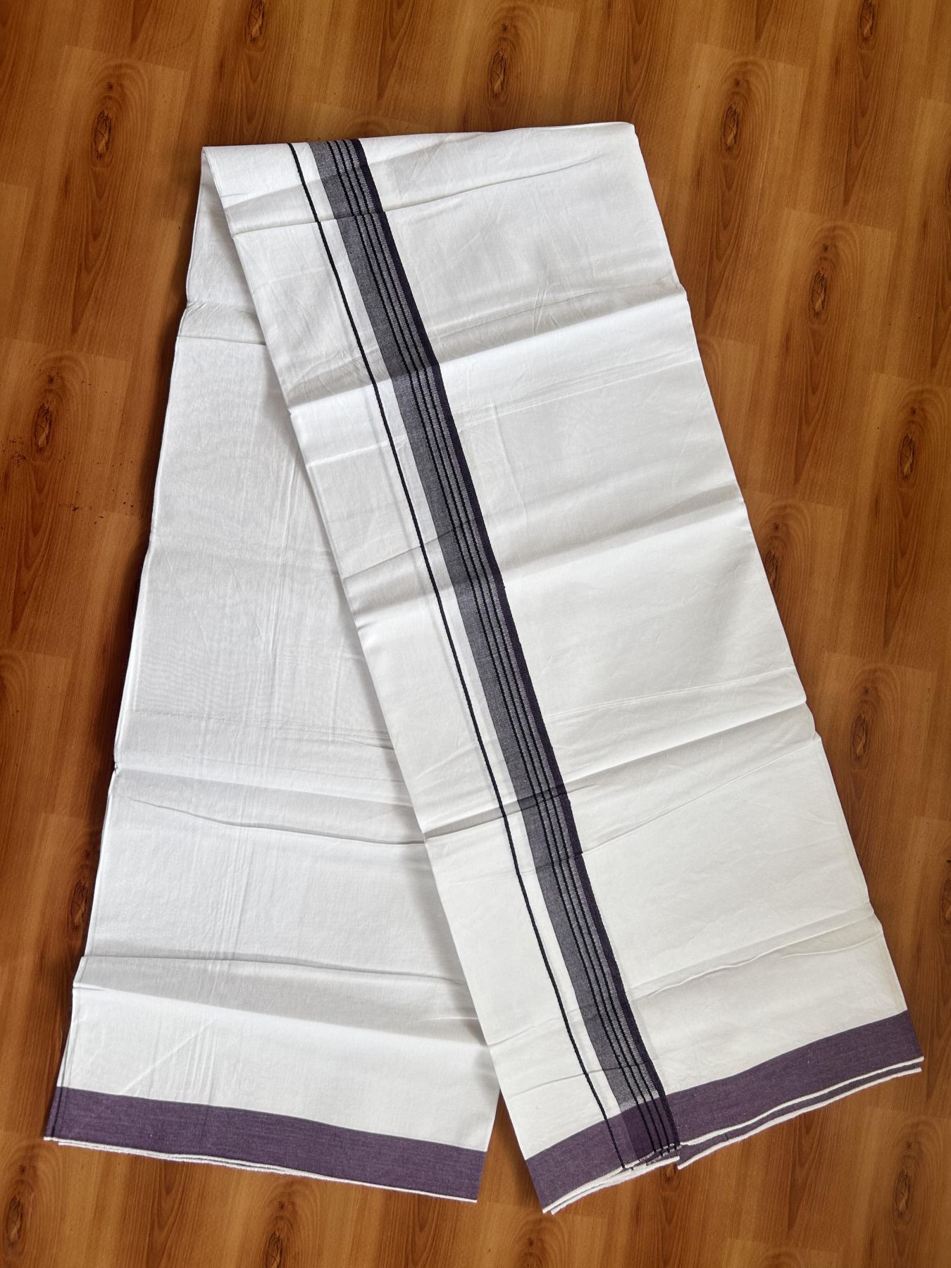 Single Mundu/Dhoti  - Pure White - 29% Discount !! KaithariKada Balaramapuram 100% Cotton - Twisted 60s Thread - 0.5 Cm  Black & Purple Shaded Striped Kara (2 meter / 4 muzham) - 61 KK5393 GL