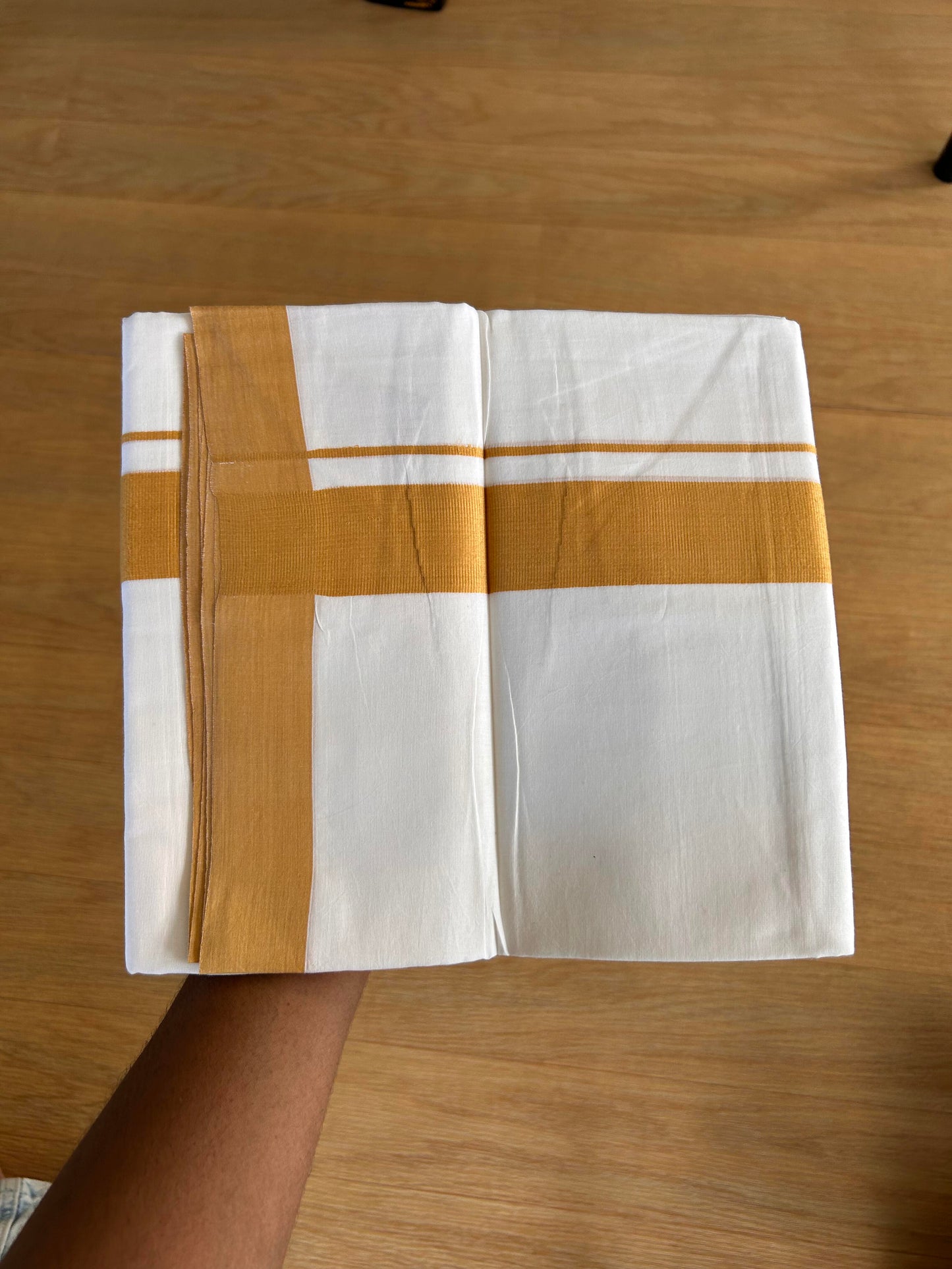 Double Pure White Mundu/Dhoti - 20% Discount!!! KaithariKada Balaramapuram 100% Cotton - 100X80 - 1.75 Inch Mustard Yellow kara - 3.90 Mtr (8 Muzham) - 63 KK5432 PMC