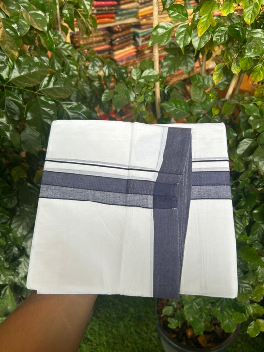 20% Discount ! Kaitharikada Balaramapuram 100% Cotton PURE WHITE Double Mundu/Dothi - 100x80 - 1.5 inch Navy Blue Shaded Design Kara 3.90 mtr (8 muzham) - 24 KK5294 THI