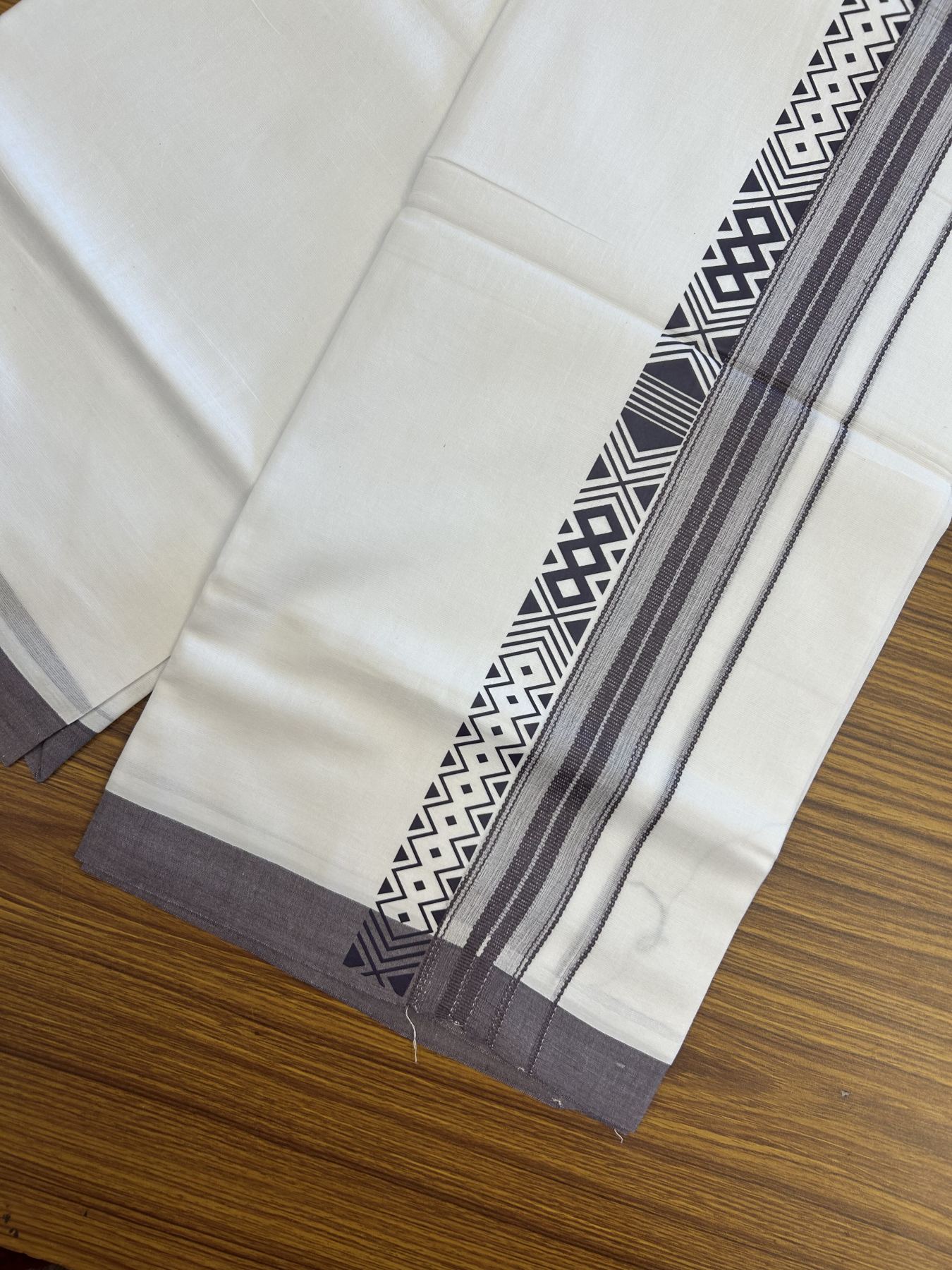 20% Discount ! KaithariKada Balaramapuram Cotton Double Pure white Mundu/Dhoti- 80s - 2.5 inch Purple Ash Printed Shade Stripes Design Kara - 3.65 mtr (8 muzham) - 52 KK5329 GAN