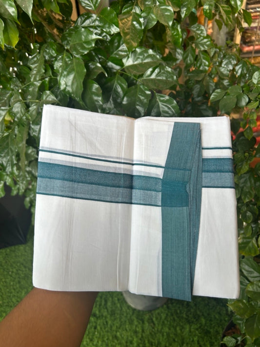 20% Discount ! Kaitharikada Balaramapuram 100% Cotton PURE WHITE Double Mundu/Dothi - 100x80 - 1.5 inch Peacock Blue Shaded Design Kara 3.90 mtr (8 muzham) - 21 KK5294 THI