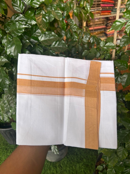 20% Discount ! Kaitharikada Balaramapuram 100% Cotton PURE WHITE Double Mundu/Dothi - 100x80 - 1.5 inch Light Orange Shaded Design Kara 3.90 mtr (8 muzham) - 23 KK5294 THI