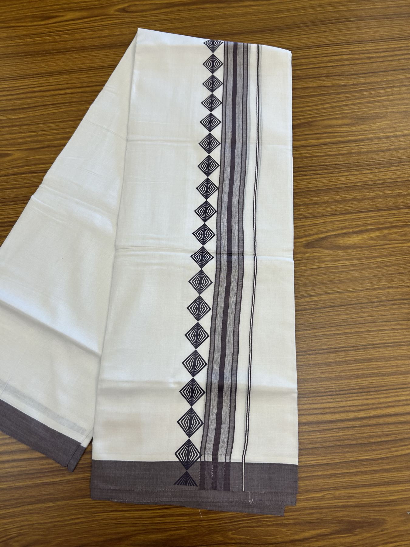 20% Discount ! KaithariKada Balaramapuram Cotton Double Pure white Mundu/Dhoti- 80s - 2.5 inch Purple Ash Printed Shade Stripes Design Kara - 3.65 mtr (8 muzham) - 6 KK5329 GAN