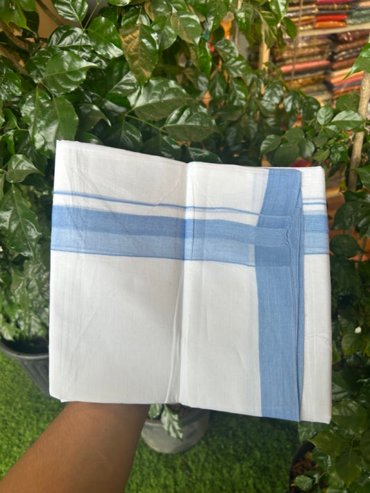 20% Discount ! Kaitharikada Balaramapuram 100% Cotton PURE WHITE Double Mundu/Dothi - 100x80 - 1.5 inch Light Blue Shaded Design Kara 3.90 mtr (8 muzham) - 22 KK5294 THI