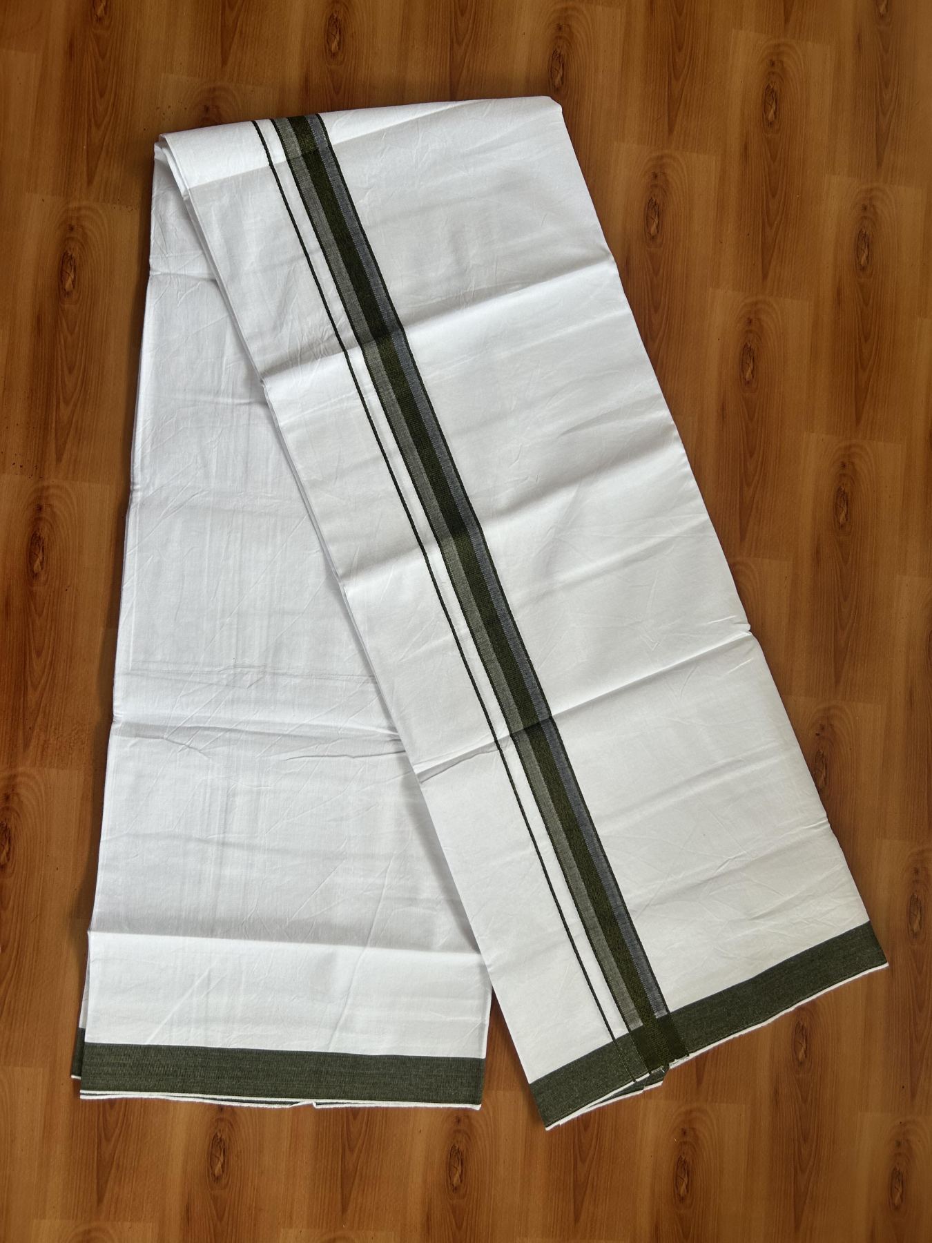 Single Mundu/Dhoti  - Pure White - 29% Discount !! KaithariKada Balaramapuram 100% Cotton - Twisted 60s Thread - 0.5 Cm  Black & Dark Olive Green Shaded Striped Kara (2 meter / 4 muzham) - 55 KK5393 GL