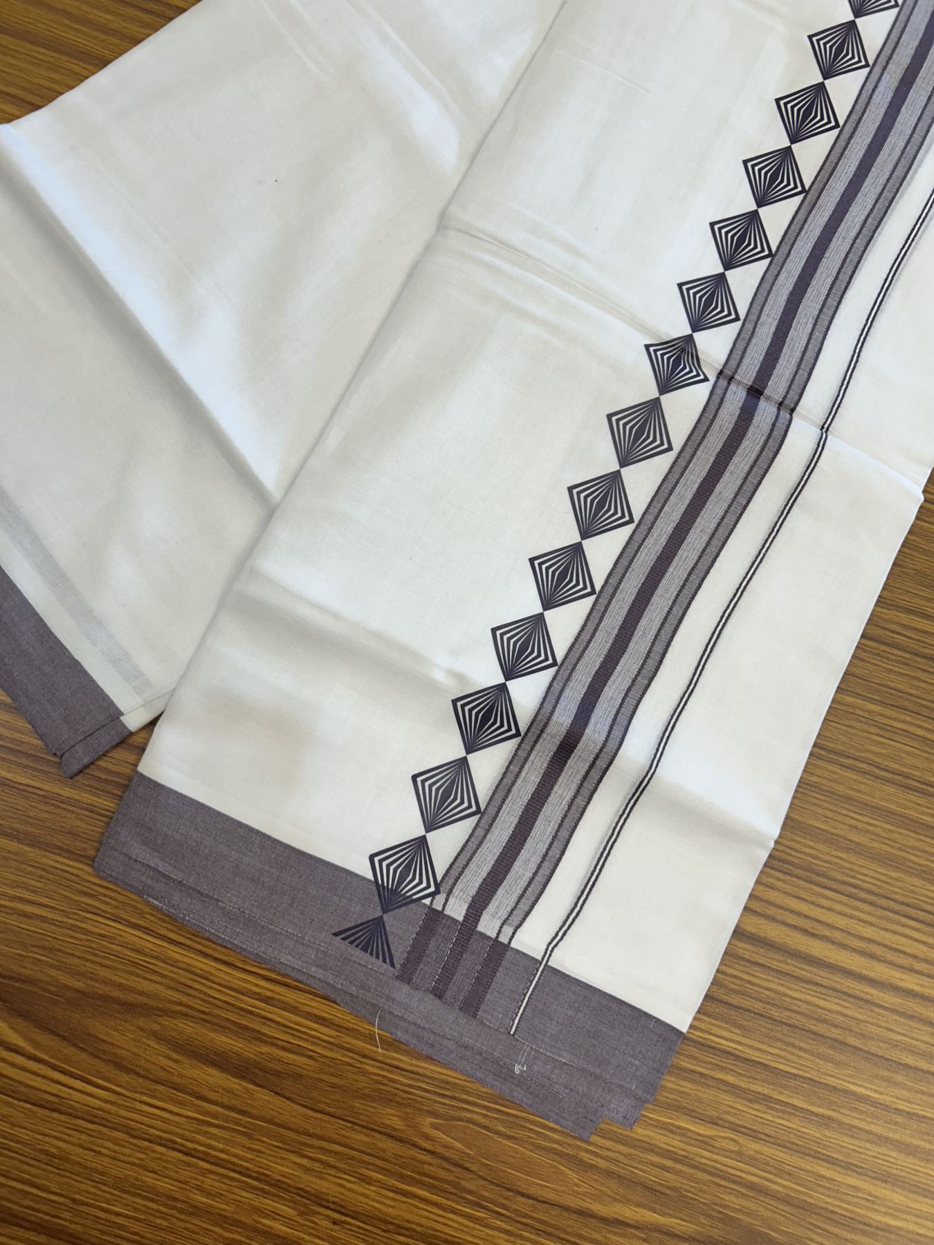 20% Discount ! KaithariKada Balaramapuram Cotton Double Pure white Mundu/Dhoti- 80s - 2.5 inch Purple Ash Printed Shade Stripes Design Kara - 3.65 mtr (8 muzham) - 6 KK5329 GAN