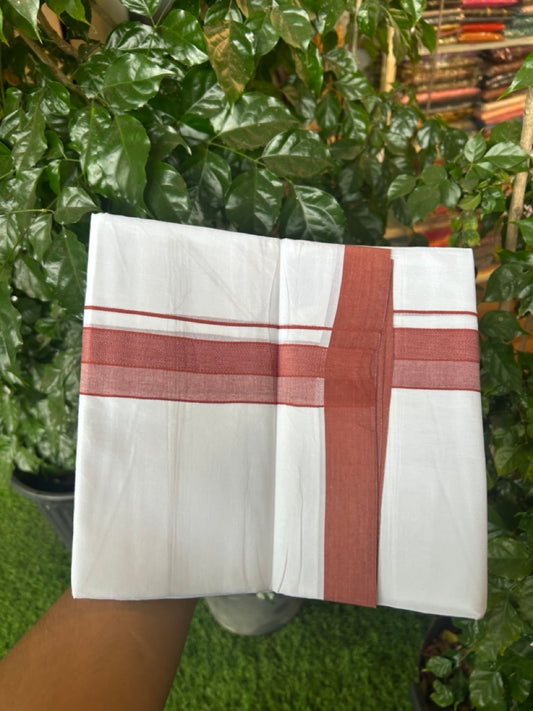 20% Discount ! Kaitharikada Balaramapuram 100% Cotton PURE WHITE Double Mundu/Dothi - 100x80 - 1.5 inch Brick Red Shaded Design Kara 3.90 mtr (8 muzham) - 25 KK5294 THI