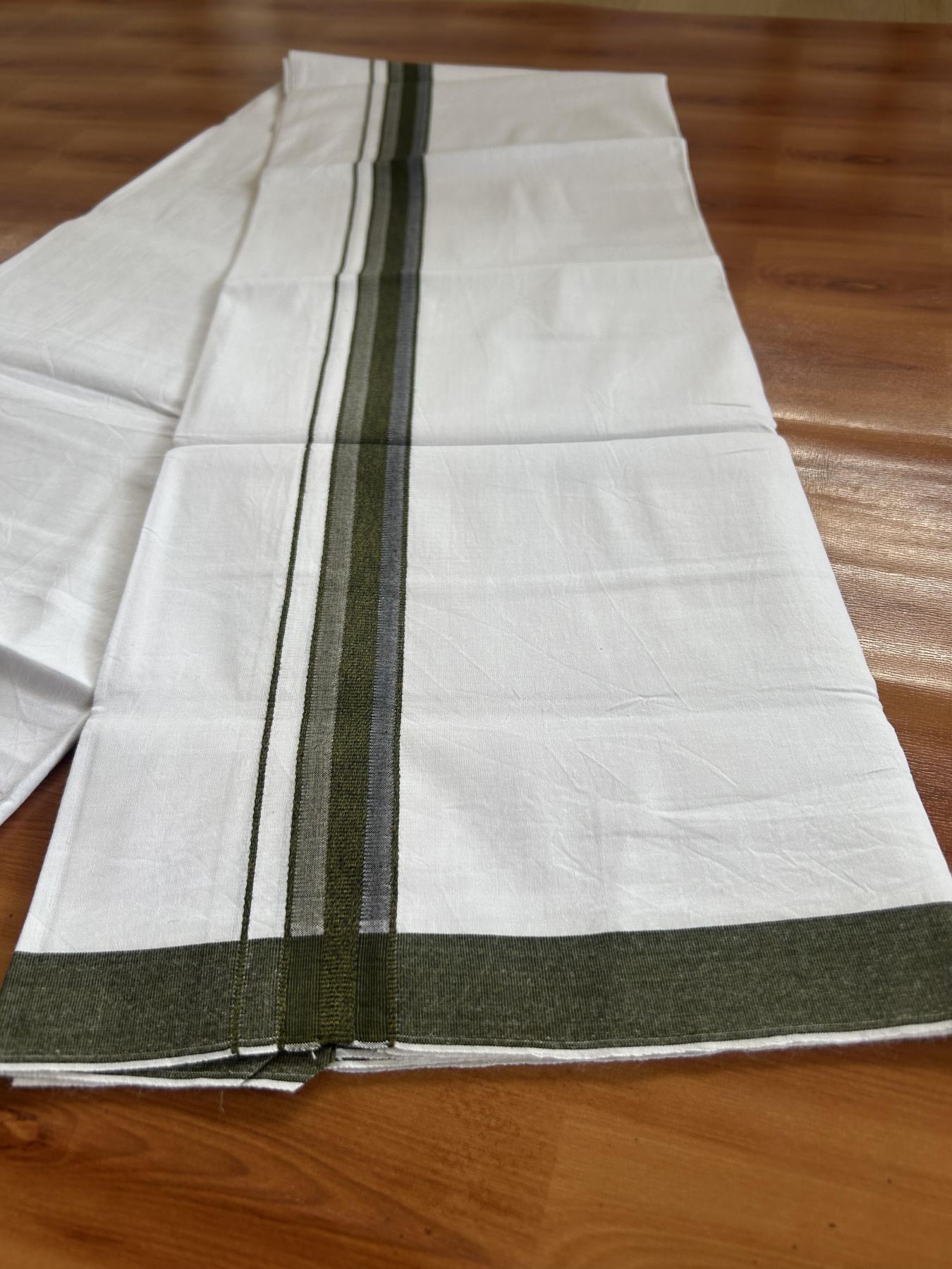 Single Mundu/Dhoti  - Pure White - 29% Discount !! KaithariKada Balaramapuram 100% Cotton - Twisted 60s Thread - 0.5 Cm  Black & Dark Olive Green Shaded Striped Kara (2 meter / 4 muzham) - 55 KK5393 GL