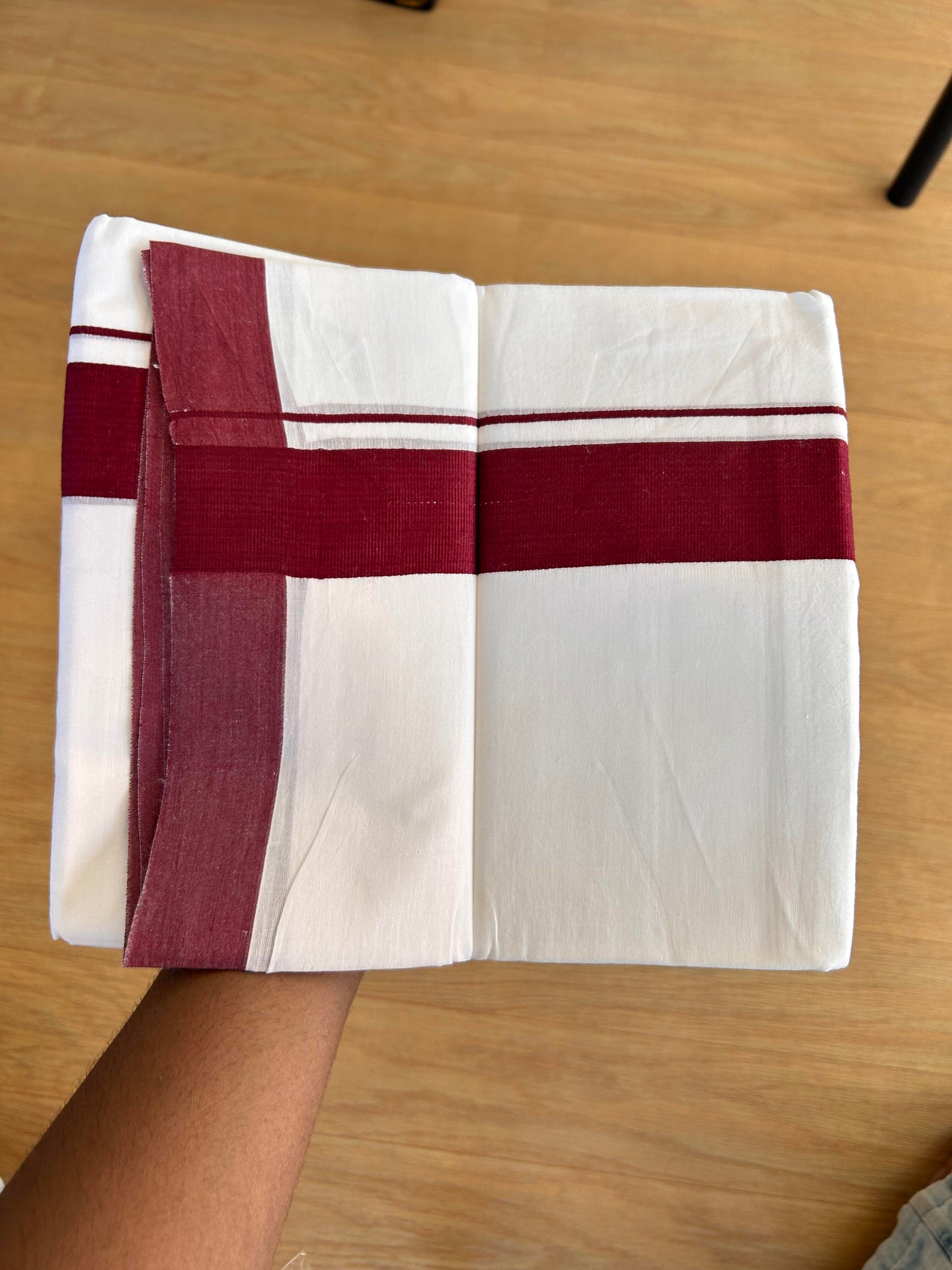 Double Pure White Mundu/Dhoti - 20% Discount!!! KaithariKada Balaramapuram 100% Cotton - 100X80 - 1.75 Inch Dark Maroon kara - 3.90 Mtr (8 Muzham) - 57 KK5432 PMC