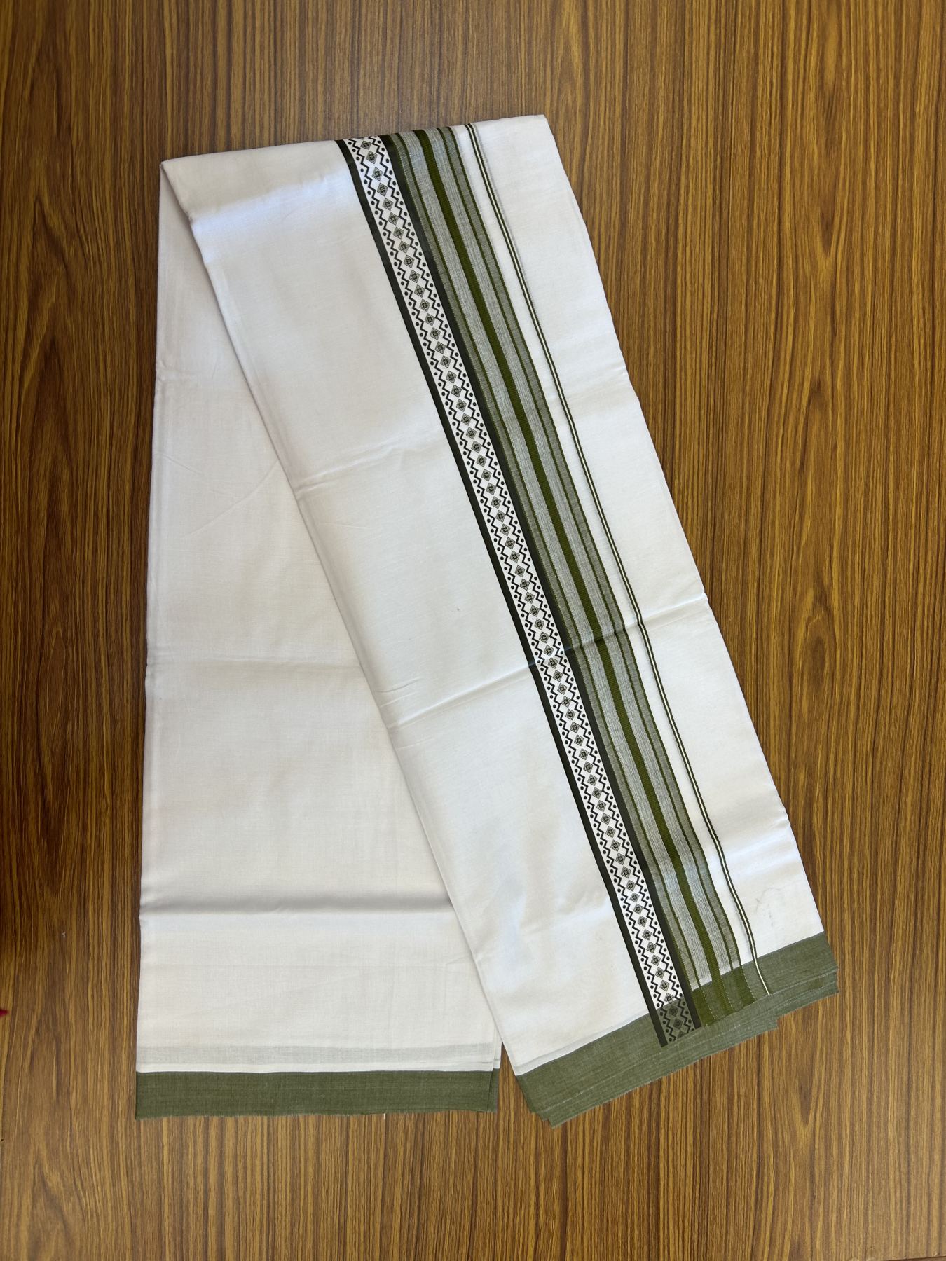 20% Discount ! KaithariKada Balaramapuram Cotton Double Pure white Mundu/Dhoti- 80s - 2.5 inch Olive Green Printed Shade Stripes Design Kara - 3.65 mtr (8 muzham) - 25 KK5329 GAN