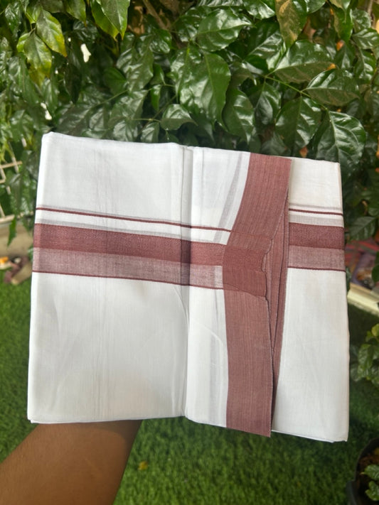 20% Discount ! Kaitharikada Balaramapuram 100% Cotton PURE WHITE Double Mundu/Dothi - 100x80 - 1.5 inch Chestnut Shaded Design Kara 3.90 mtr (8 muzham) - 20 KK5294 THI