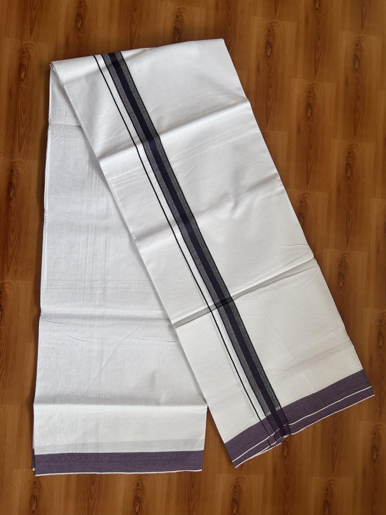 Single Mundu/Dhoti  - Pure White - 29% Discount !! KaithariKada Balaramapuram 100% Cotton - Twisted 60s Thread - 0.5 Cm  Black & Purple Shaded Striped Kara (2 meter / 4 muzham) - 53 KK5393 GL