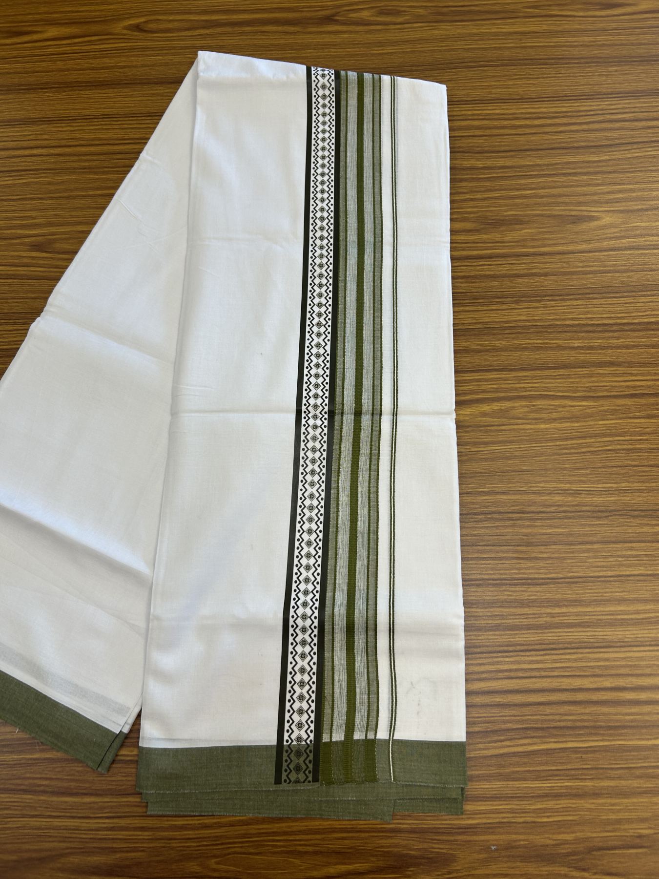 20% Discount ! KaithariKada Balaramapuram Cotton Double Pure white Mundu/Dhoti- 80s - 2.5 inch Olive Green Printed Shade Stripes Design Kara - 3.65 mtr (8 muzham) - 25 KK5329 GAN
