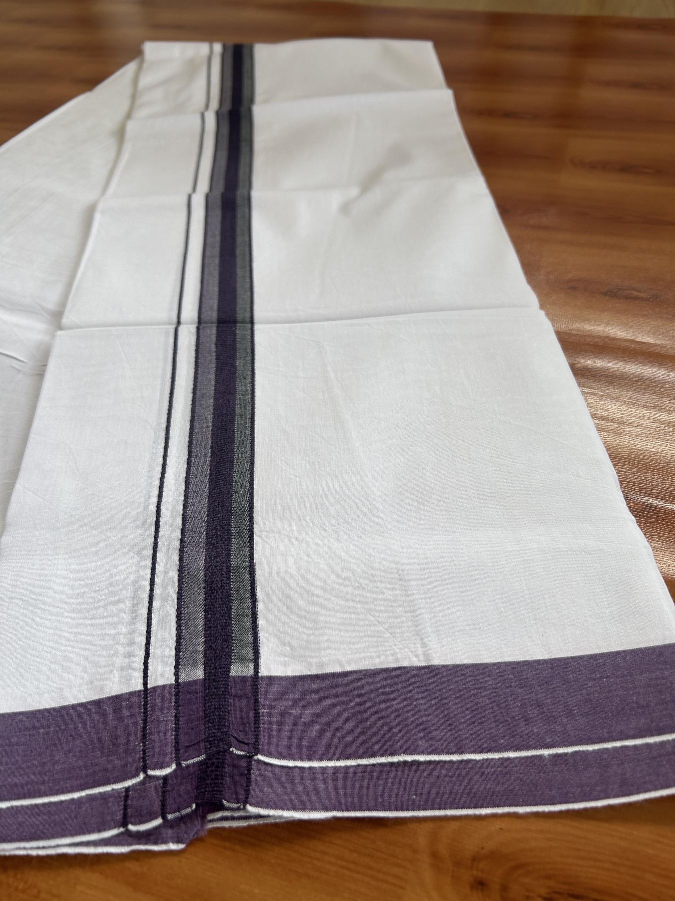 Single Mundu/Dhoti  - Pure White - 29% Discount !! KaithariKada Balaramapuram 100% Cotton - Twisted 60s Thread - 0.5 Cm  Black & Purple Shaded Striped Kara (2 meter / 4 muzham) - 53 KK5393 GL