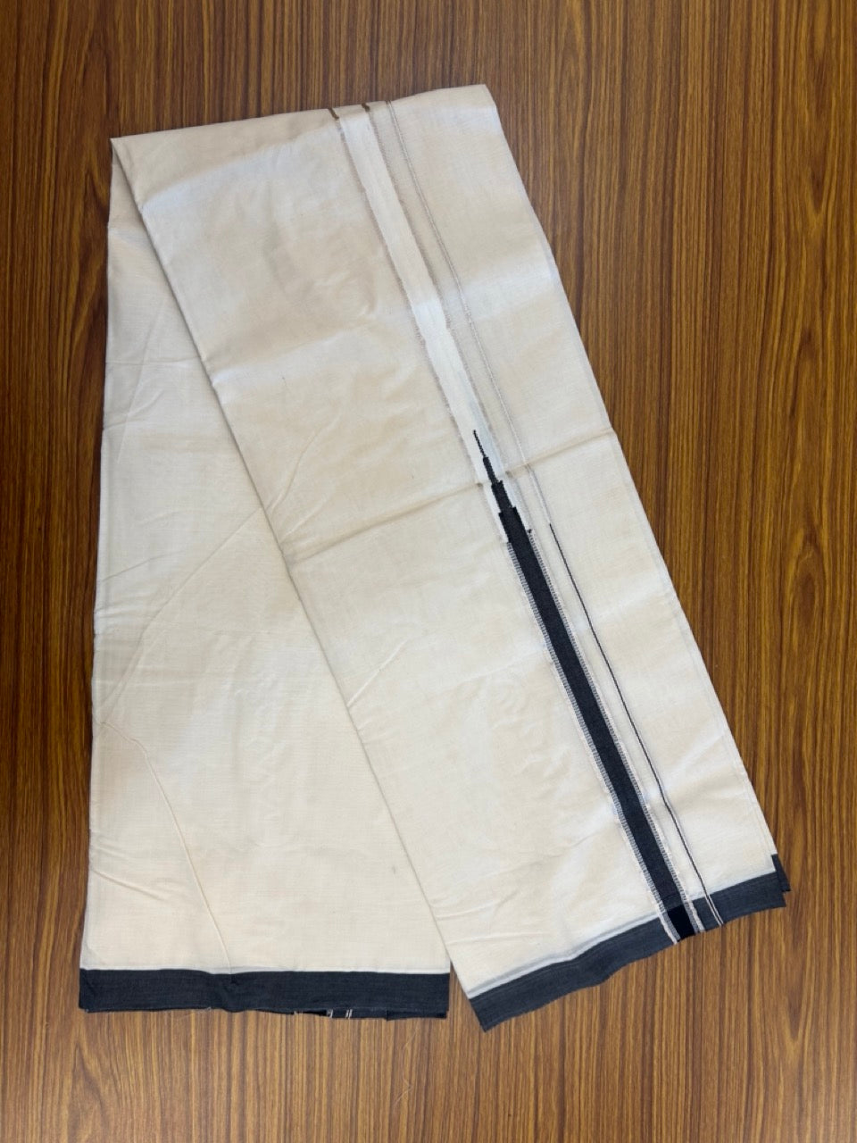 20% Discount !! KaithariKada Balaramapuram 100% Cotton Double Off White - (Unbleached) Mundu/Dhoti- 100x100 - 1 inch Heavy Chutty Silver Kasavu & Black kara - 17 KK5257 ASH