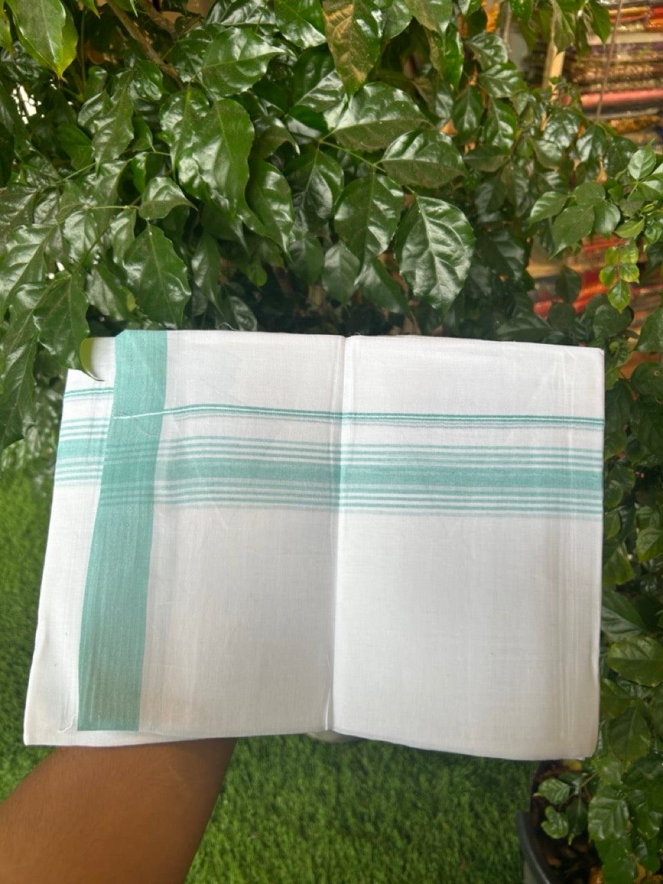 20% Discount ! Kaitharikada Balaramapuram 100% Cotton PURE WHITE Double Mundu/Dothi - 100x80 - 1.5 inch Turquoise Blue Shaded Striped Kara 3.90 mtr (8 muzham) - 54 KK5294 THI