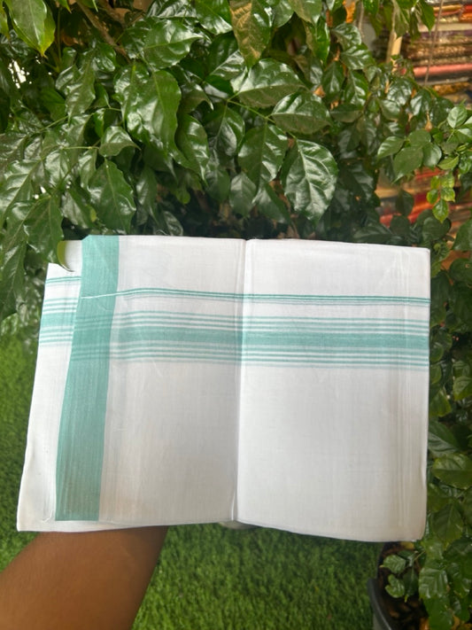 20% Discount ! Kaitharikada Balaramapuram 100% Cotton PURE WHITE Double Mundu/Dothi - 100x80 - 1.5 inch Turquoise Blue Shaded Striped Kara 3.90 mtr (8 muzham) - 54 KK5294 THI