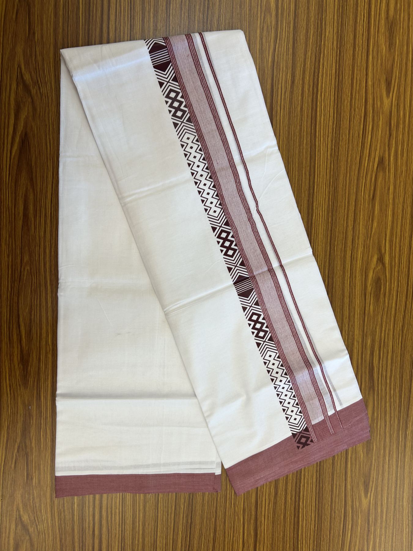 20% Discount ! KaithariKada Balaramapuram Cotton Double Pure white Mundu/Dhoti- 80s - 2.5 inch Dark Pestel Peach Printed Shade Stripes Design Kara - 3.65 mtr (8 muzham) - 55 KK5329 GAN