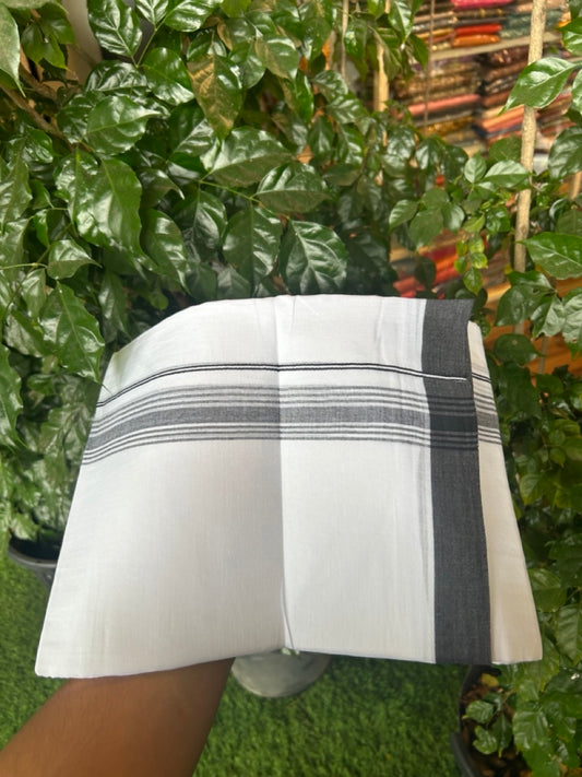 20% Discount ! Kaitharikada Balaramapuram 100% Cotton PURE WHITE Double Mundu/Dothi - 100x80 - 1.5 inch Black Shaded Striped Kara 3.90 mtr (8 muzham) - 44 KK5294 THI