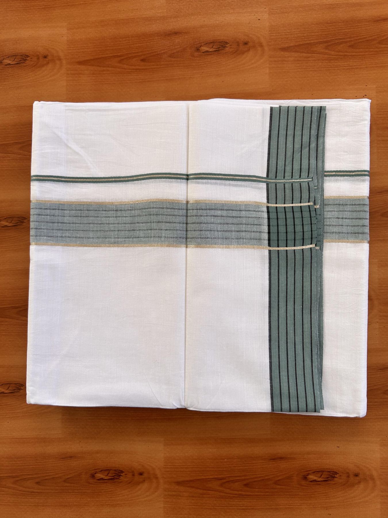 Pure White Double Mundu/Dothi - 20% Discount!! Kaitharikada Balaramapuram Pure Cotton -100x80 - 1.5 inch Silver Kasav & Teal Green & Black Striped Kara - 3.90 m (8 muzham) - 4 KK5432 VAS