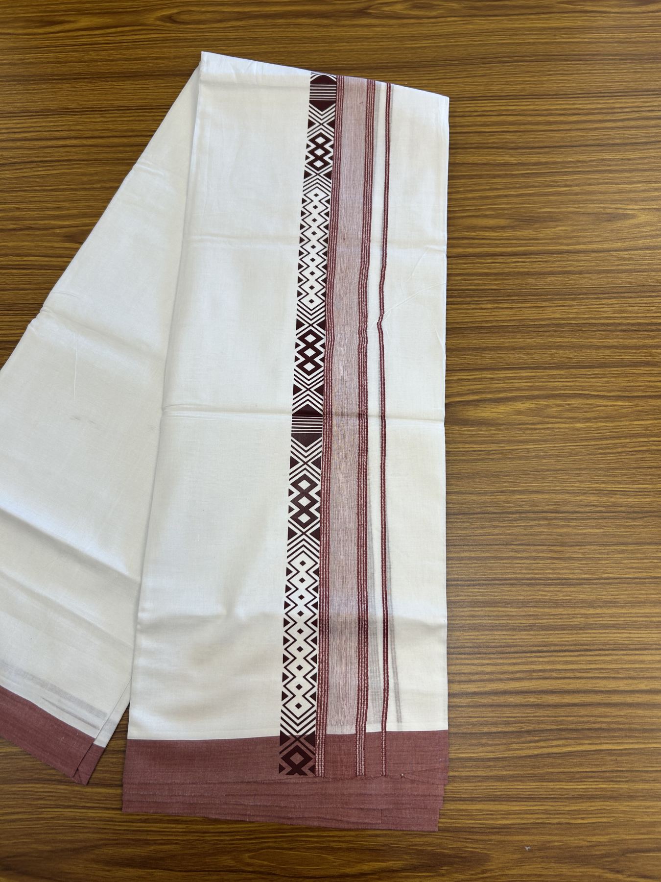 20% Discount ! KaithariKada Balaramapuram Cotton Double Pure white Mundu/Dhoti- 80s - 2.5 inch Dark Pestel Peach Printed Shade Stripes Design Kara - 3.65 mtr (8 muzham) - 55 KK5329 GAN
