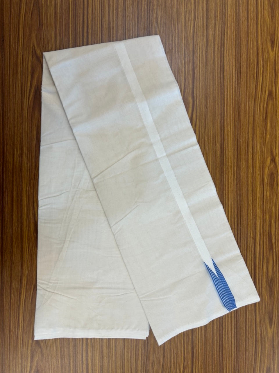 20% Discount ! KaithariKada Balaramapuram 100% Cotton Double Off White (Unbleached) Mundu/Dhoti- 100x100 - 0.75 inch Puliyilakkara Dark Blue Striped Chutty Kara - 12 KK5257 ASH