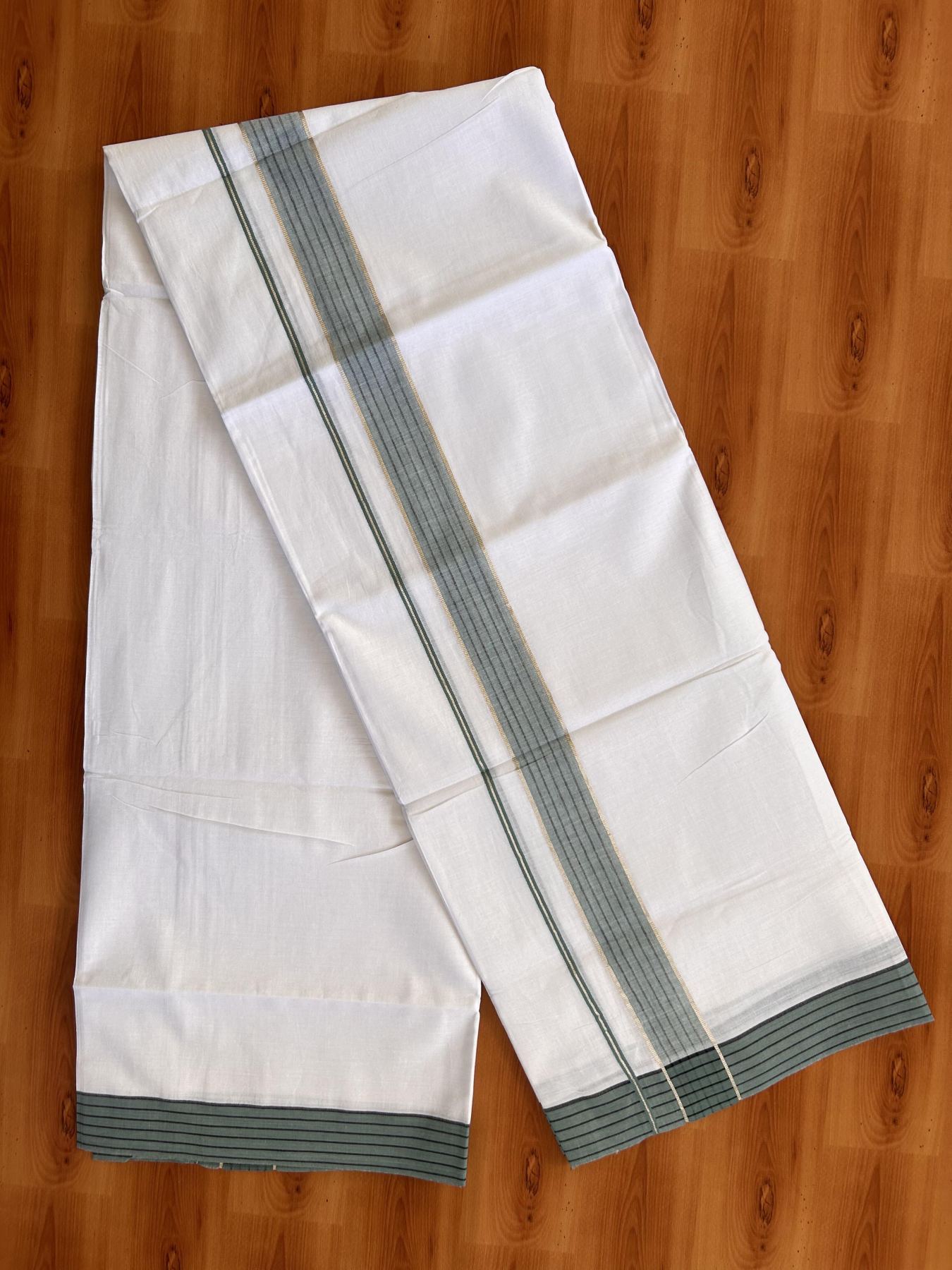 Pure White Double Mundu/Dothi - 20% Discount!! Kaitharikada Balaramapuram Pure Cotton -100x80 - 1.5 inch Silver Kasav & Teal Green & Black Striped Kara - 3.90 m (8 muzham) - 4 KK5432 VAS