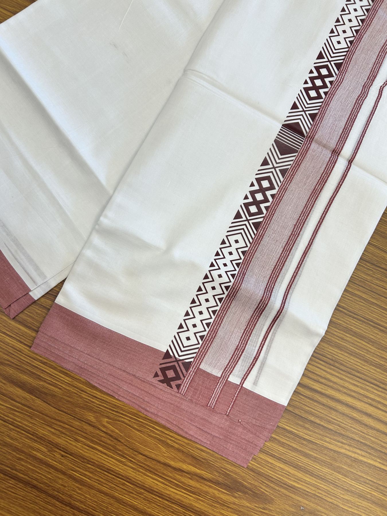 20% Discount ! KaithariKada Balaramapuram Cotton Double Pure white Mundu/Dhoti- 80s - 2.5 inch Dark Pestel Peach Printed Shade Stripes Design Kara - 3.65 mtr (8 muzham) - 55 KK5329 GAN