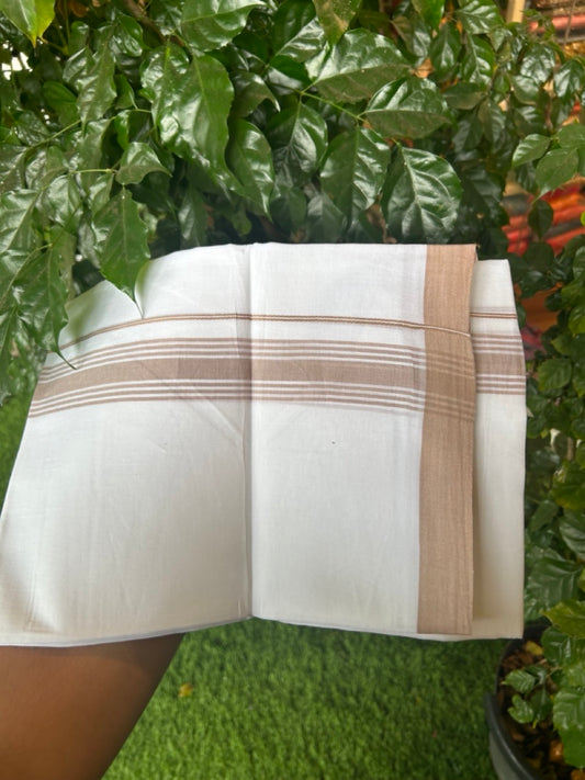 20% Discount ! Kaitharikada Balaramapuram 100% Cotton PURE WHITE Double Mundu/Dothi - 100x80 - 1.5 inchLight Brown Shaded Striped Kara 3.90 mtr (8 muzham) - 52 KK5294 THI